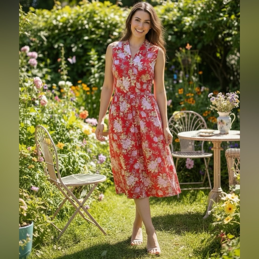 Vtg Red Floral Dress M Sleeveless Midi Button Front Summer Vacation Cottagecore